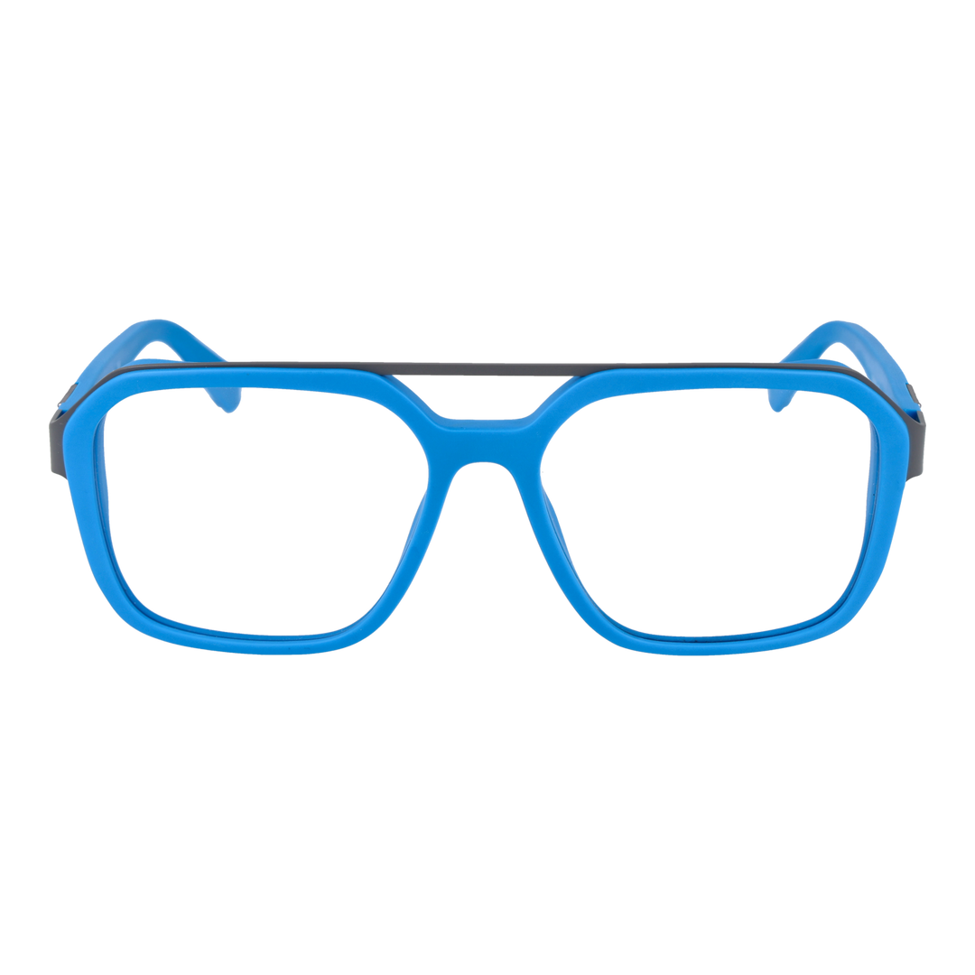 Unisex blue and black plastic square eyeglasses with double bridge and logo-detail temples on neutral background.