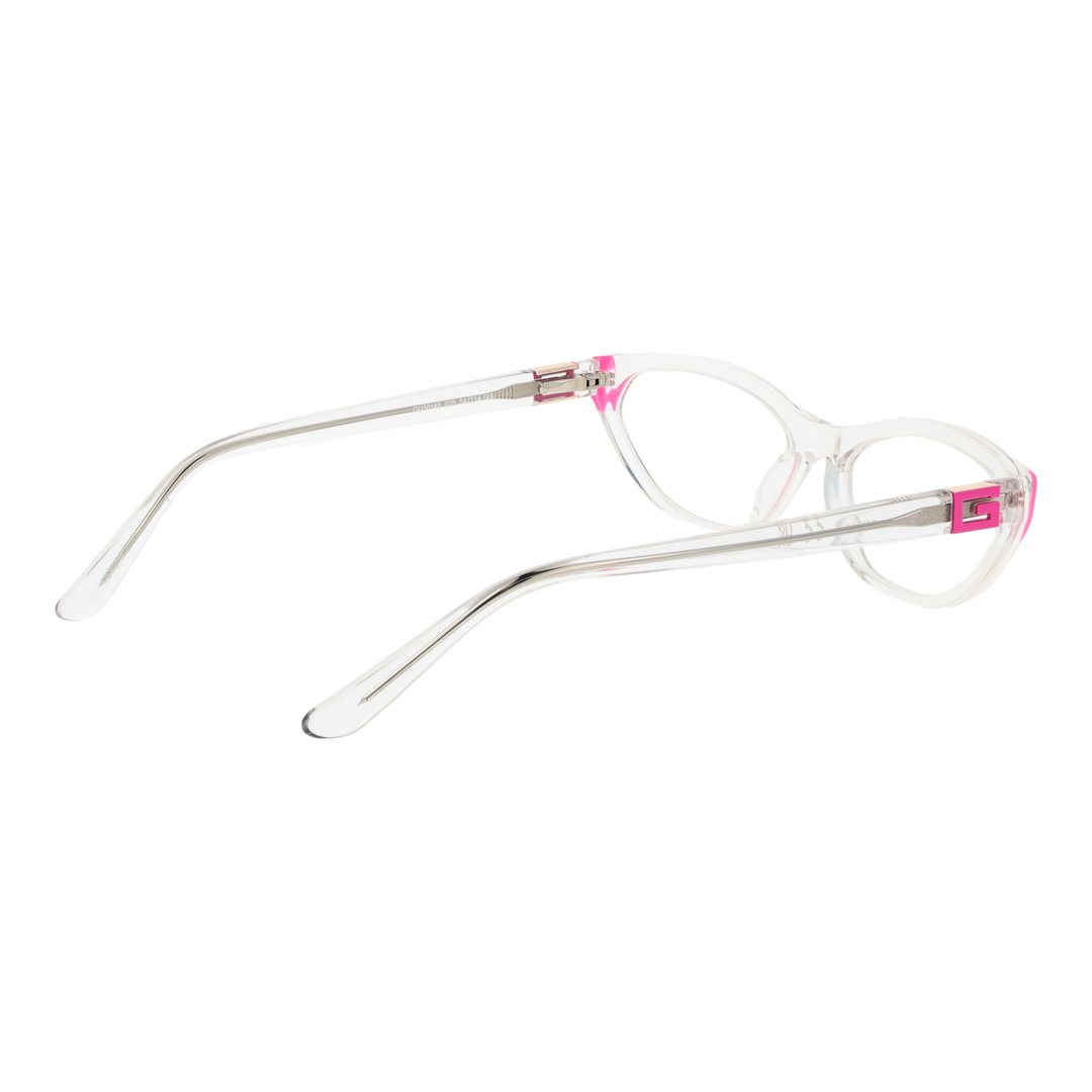 Clear plastic cat-eye eyeglasses with pink corner accents and pink &