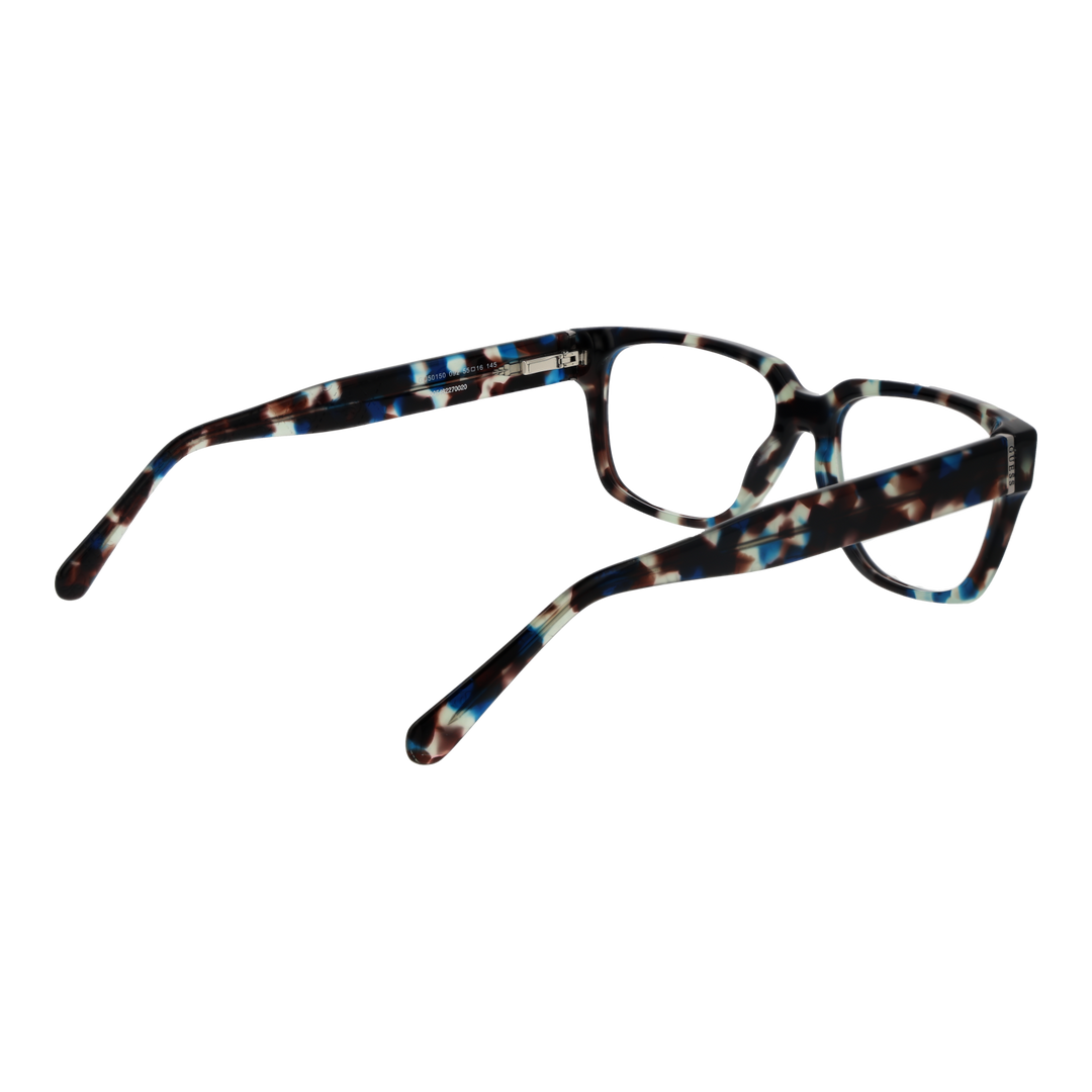 Unisex multicolor tortoiseshell rectangular eyeglasses in plastic frame, black brown blue white pattern