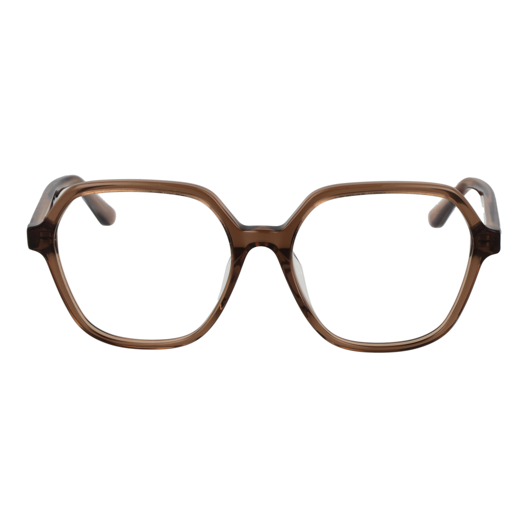 Brown geometric plastic eyeglasses with gold decorative temple symbols, clear lenses, retro-inspired shape