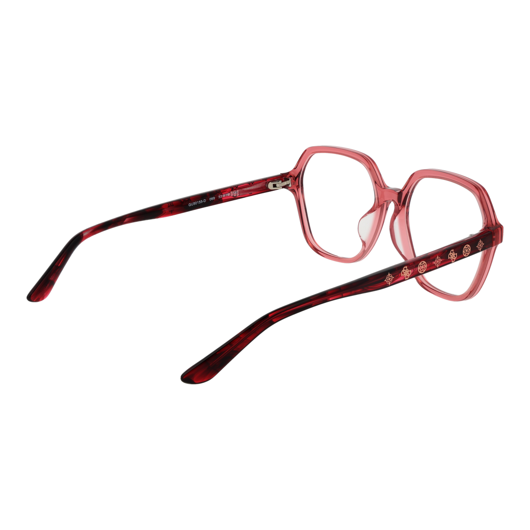 Transparent red geometric eyeglasses in plastic with decorative temple symbols on a neutral background