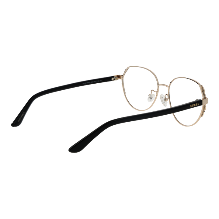 Gold thin metal round eyeglasses with black plastic temple tips on neutral background, front view