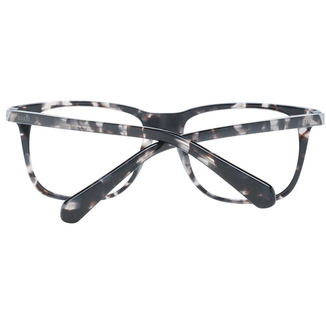 Unisex tortoiseshell full-rim rectangular eyeglasses in black, grey and white pattern with visible logo on temple