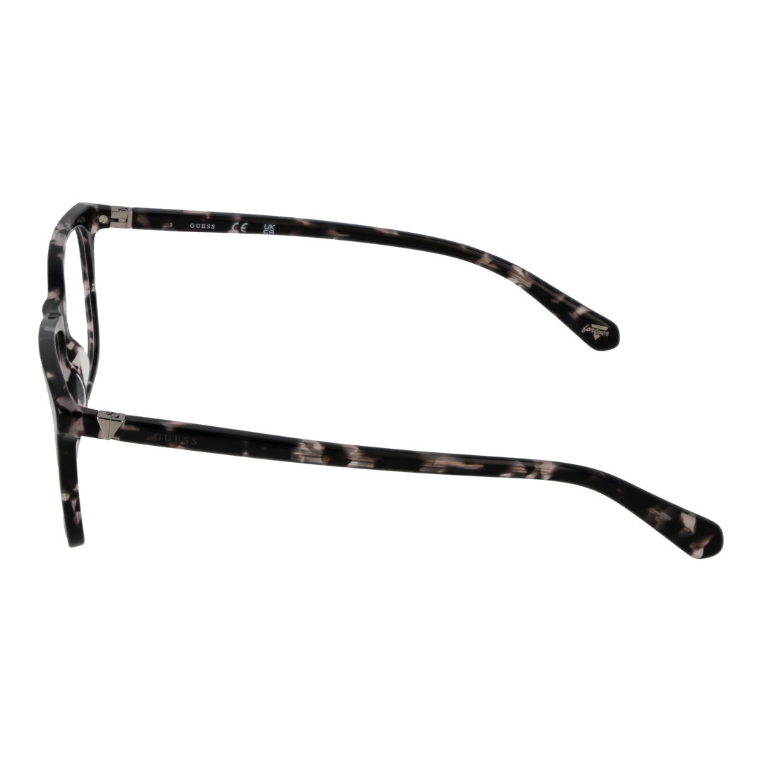 Black and white tortoiseshell full-rim rectangular eyeglasses with metal triangle temple detail, front three-quarter view