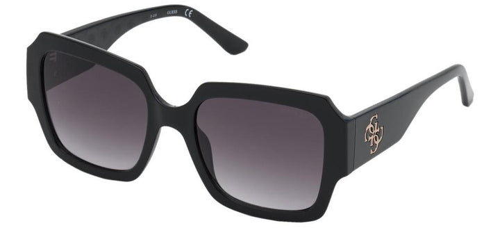 Black and red square sunglasses with gradient lenses and logo emblem on temple, shown with case and cloth