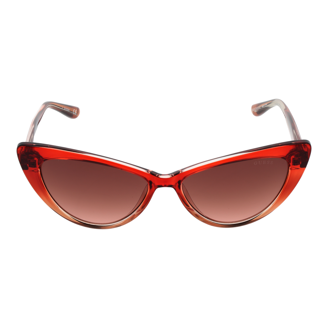 Transparent red cat-eye sunglasses in plastic with gradient lenses shown at three-quarter angle
