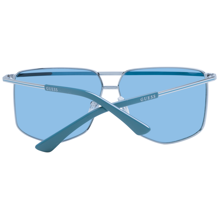 Light blue metal aviator sunglasses with square lenses, double bridge and adjustable nose pads on white background