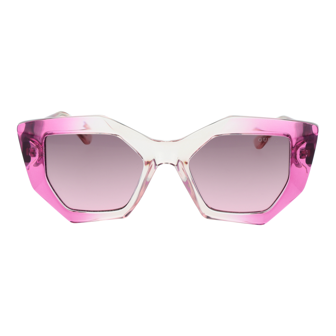 Pink translucent geometric hexagon sunglasses with gradient lenses and wide temples, logo on temple, front angle view