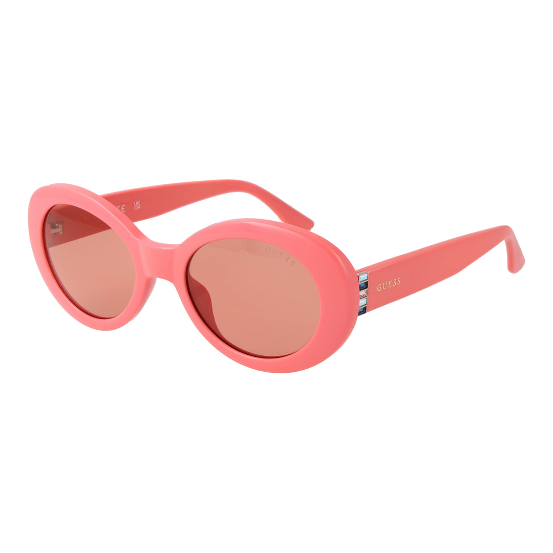 Pink retro oval sunglasses with decorative stones on temples and glossy plastic frame, angled view