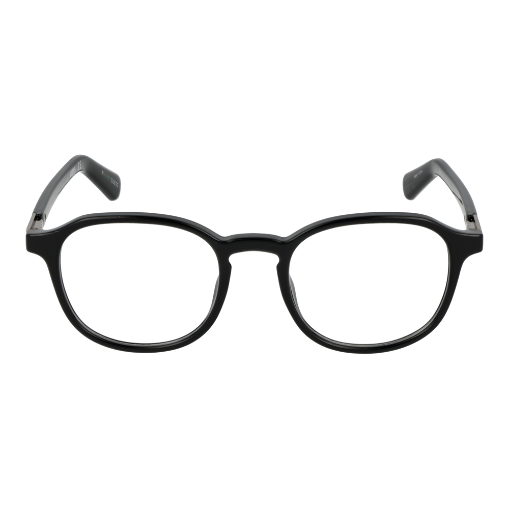Unisex black round eyeglasses with plastic frame and metal-accent temples on white background