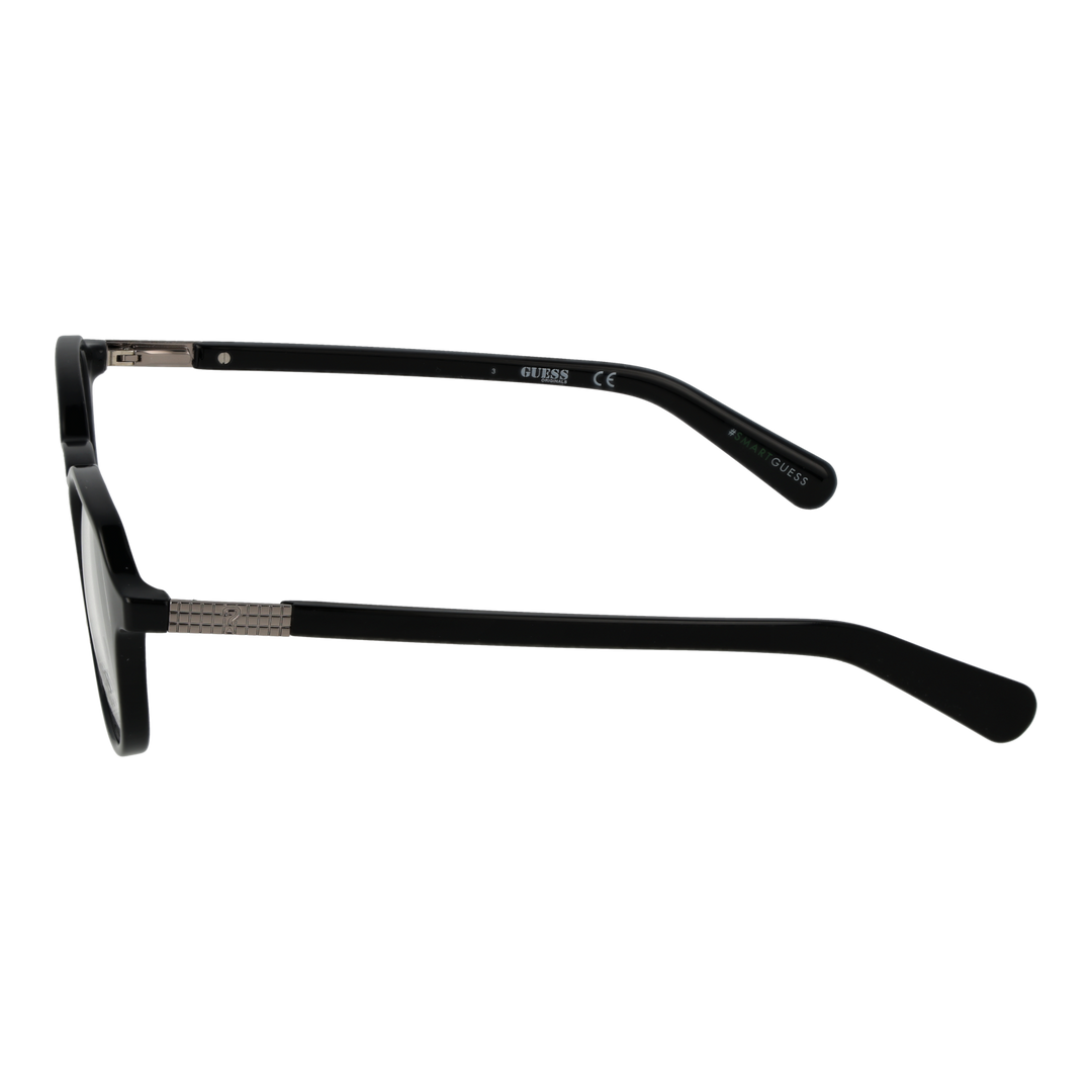 Unisex black round eyeglasses with plastic frame and metal-accent temples on white background