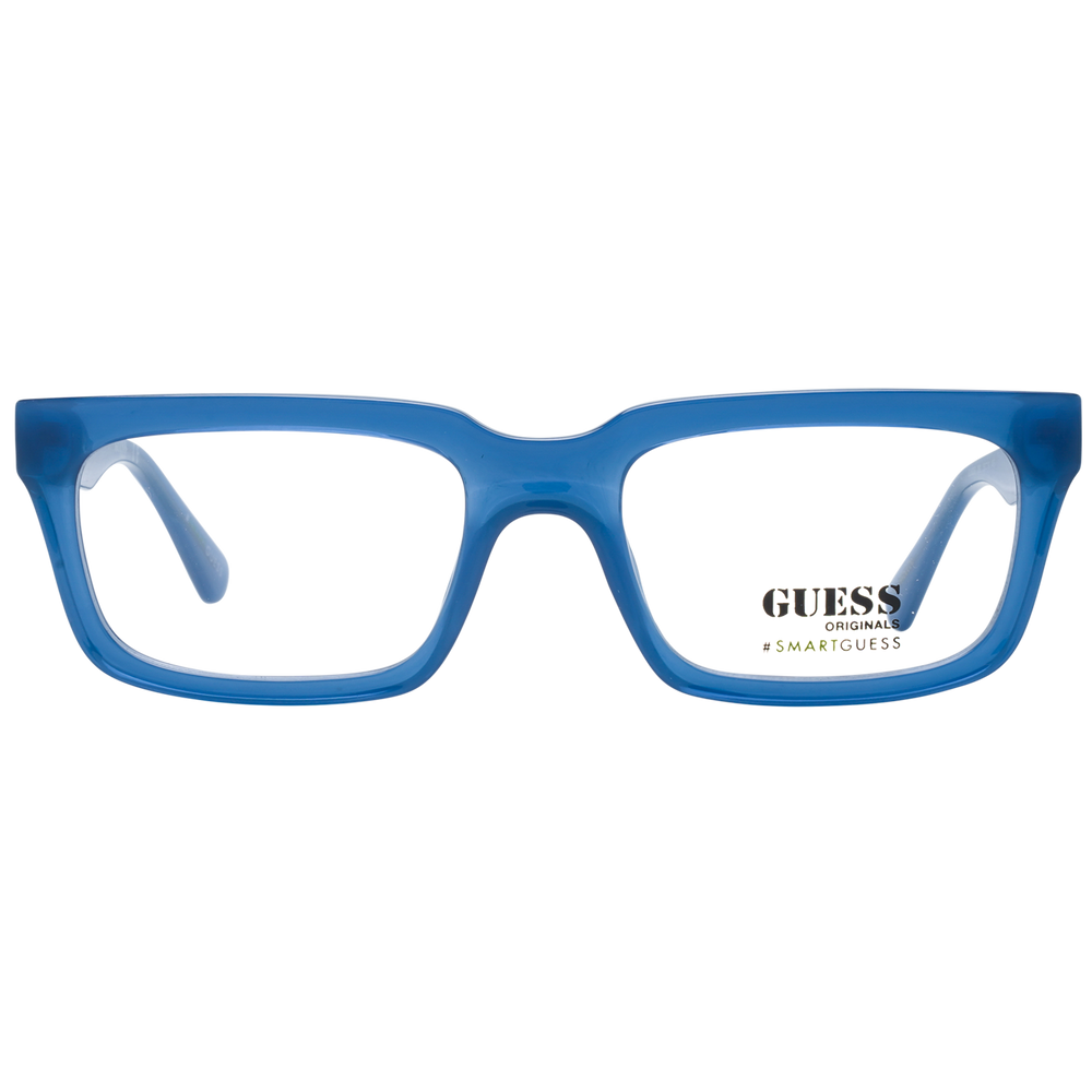 Unisex blue rectangular full-rim eyeglasses in thick plastic with metallic hinge detail, modern profile