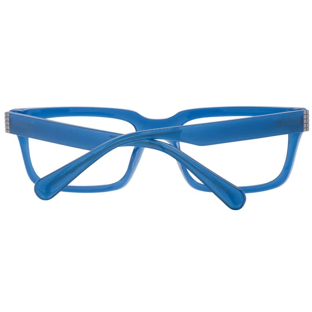 Unisex blue rectangular full-rim eyeglasses in thick plastic with metallic hinge detail, modern profile