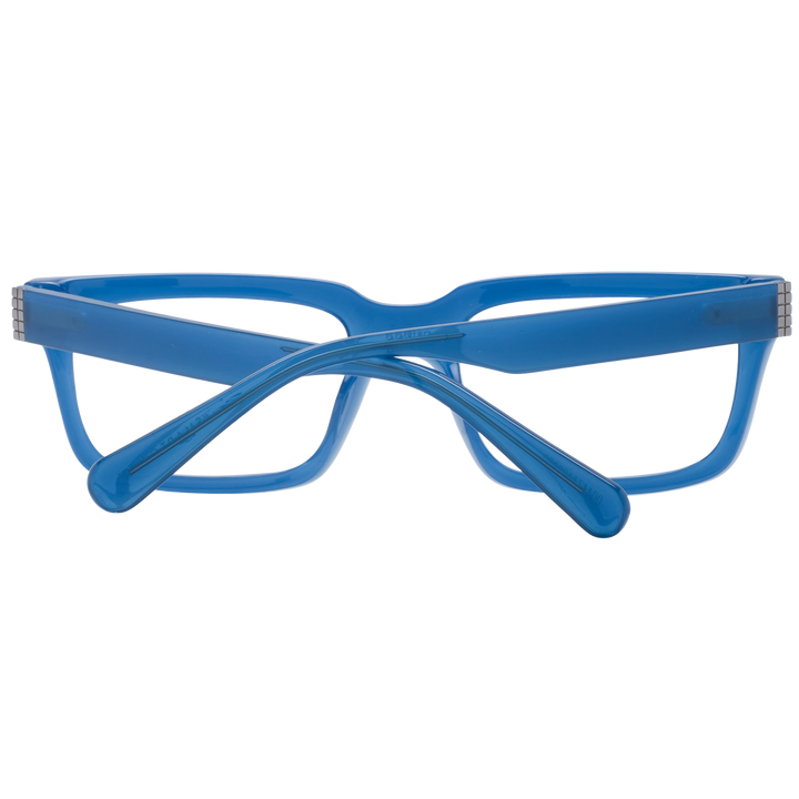 Unisex blue rectangular full-rim eyeglasses in thick plastic with metallic hinge detail, modern profile