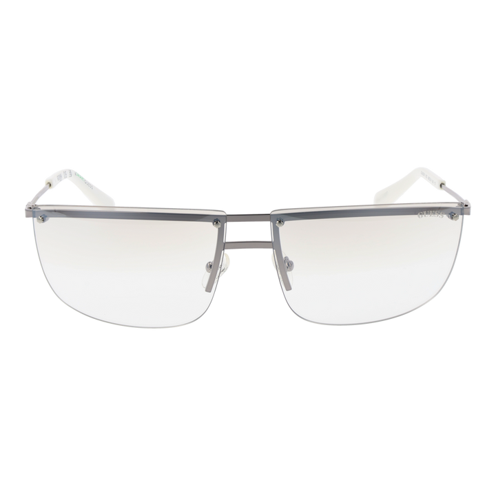 Unisex silver rimless eyeglasses with thin metal temples and adjustable nose pads on white background