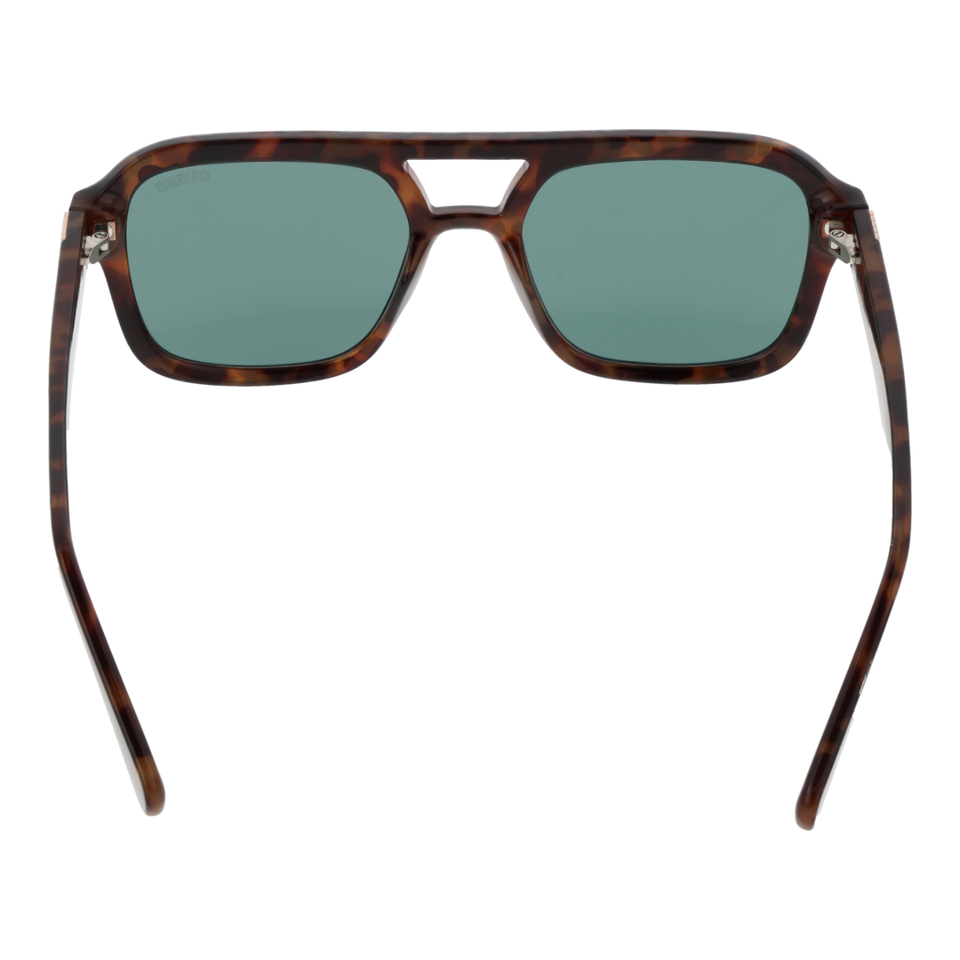 Unisex tortoiseshell square sunglasses with double bridge, gold temple accents and green lenses
