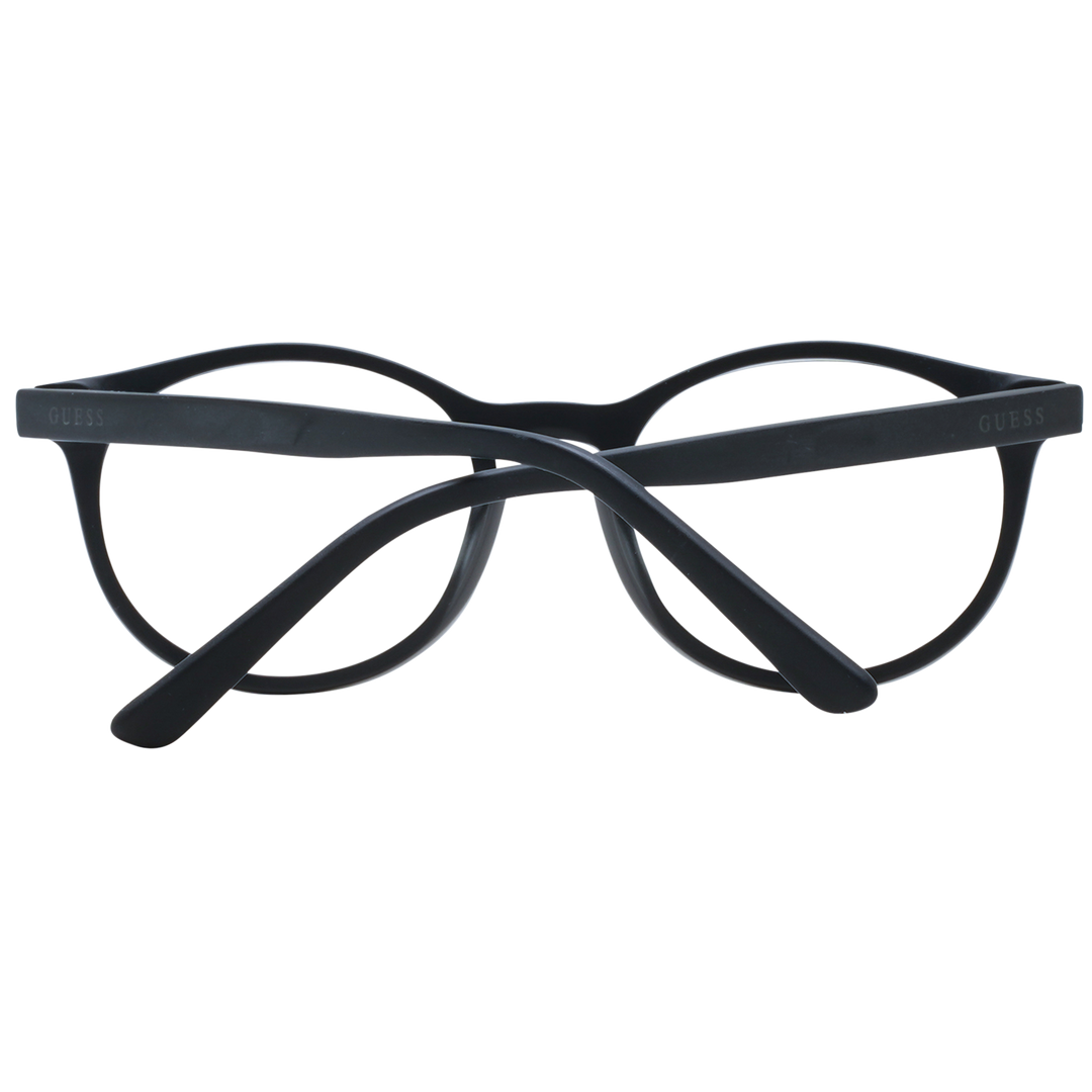 Unisex black round plastic eyeglasses with subtle metal dot accents near the hinges, front three-quarter view
