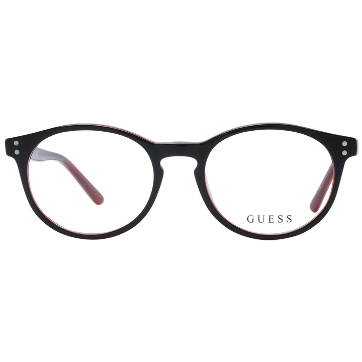 Unisex black-and-red round eyeglasses in plastic frame with silver hinge dots shown front view