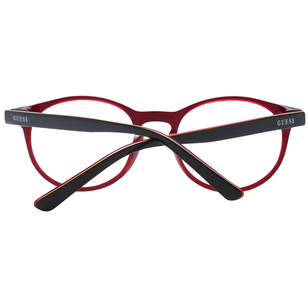 Unisex black-and-red round eyeglasses in plastic frame with silver hinge dots shown front view