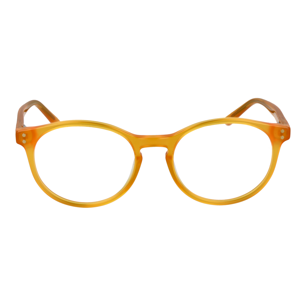 Transparent orange round plastic eyeglasses, two small metal rivets near each hinge, Unisex retro style