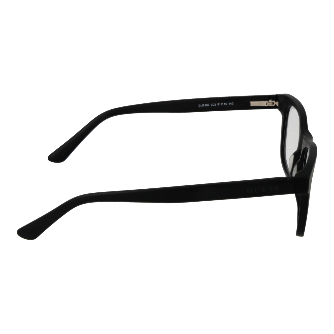 Unisex black full-rim rectangular eyeglasses in plastic on white background showing front and temple