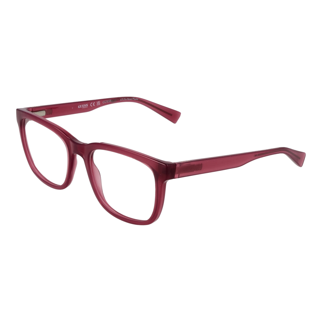 Red plastic full-rim rectangular eyeglasses on neutral background, modern frame for Women
