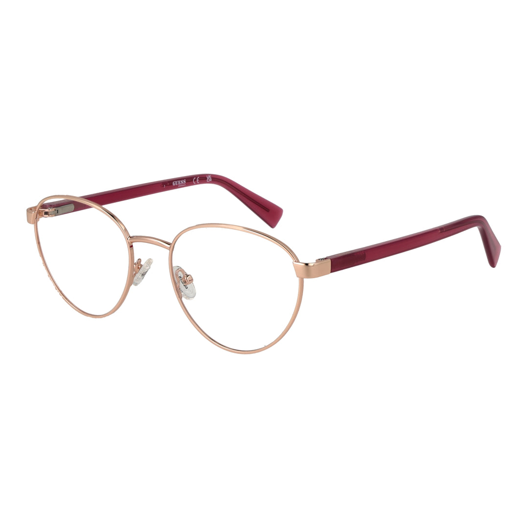Rose gold thin metal round eyeglasses with burgundy temple tips, adjustable nose pads, minimalist design