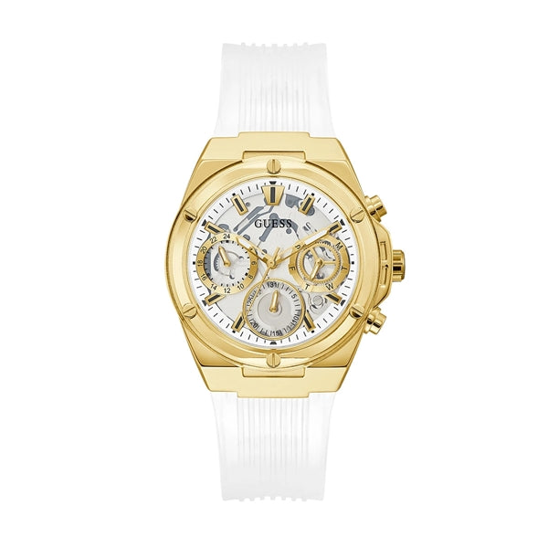 Gold chronograph watch with transparent white silicone strap and multiple sub-dials on white background