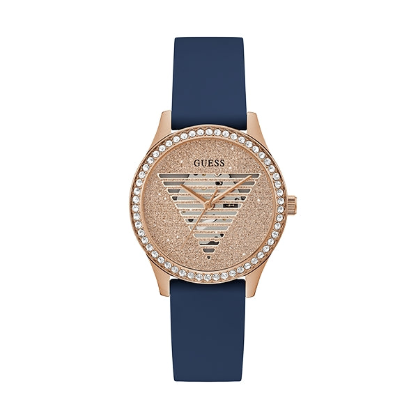 Rose gold wristwatch with navy silicone strap and crystal-studded bezel on navy dial