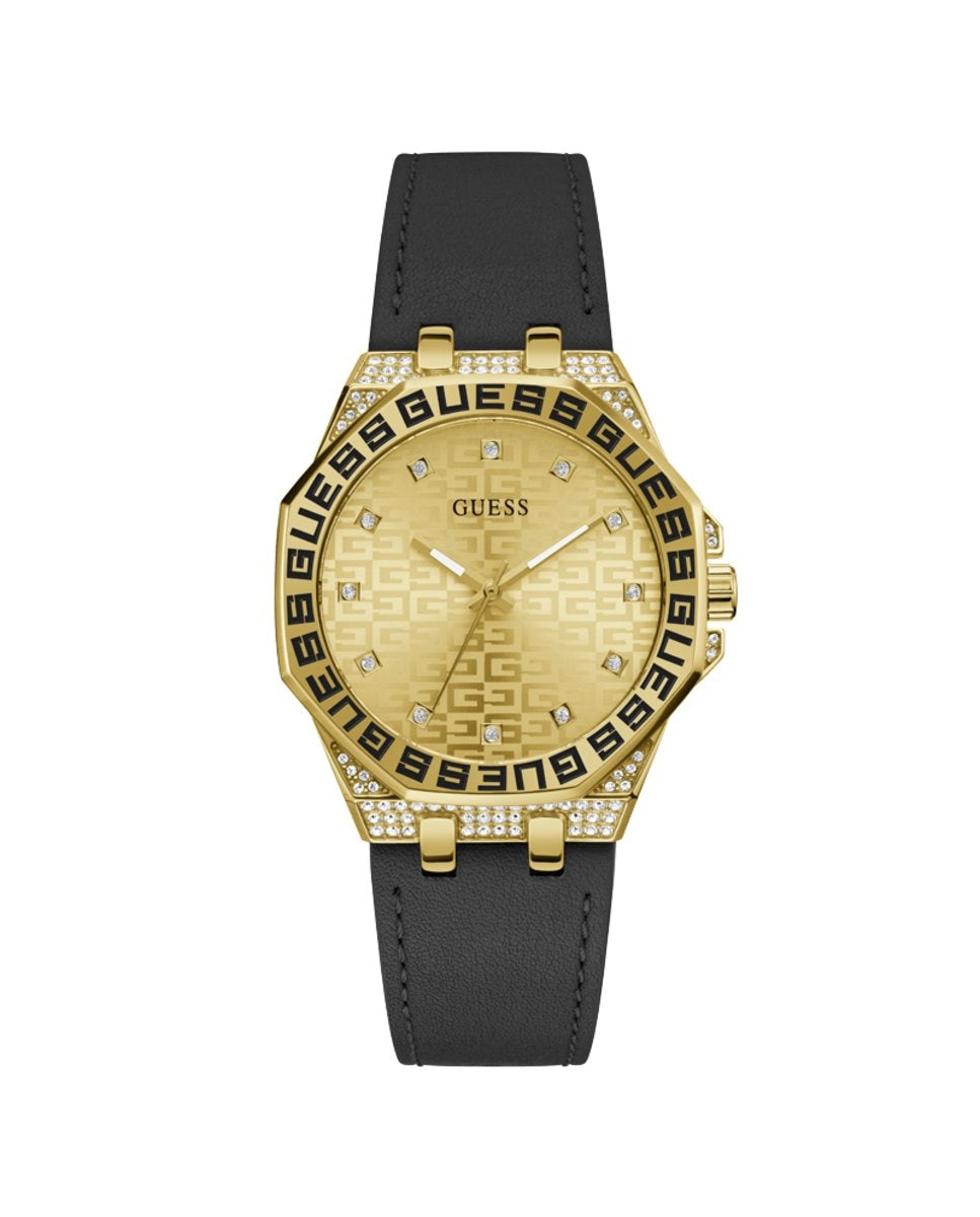 Gold stainless steel watch with black leather strap, crystal-set dial, 38mm case, quartz movement