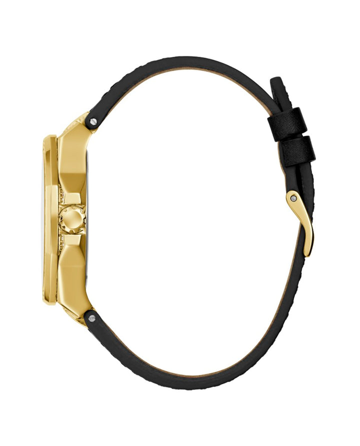 Gold stainless steel watch with black leather strap, crystal-set dial, 38mm case, quartz movement
