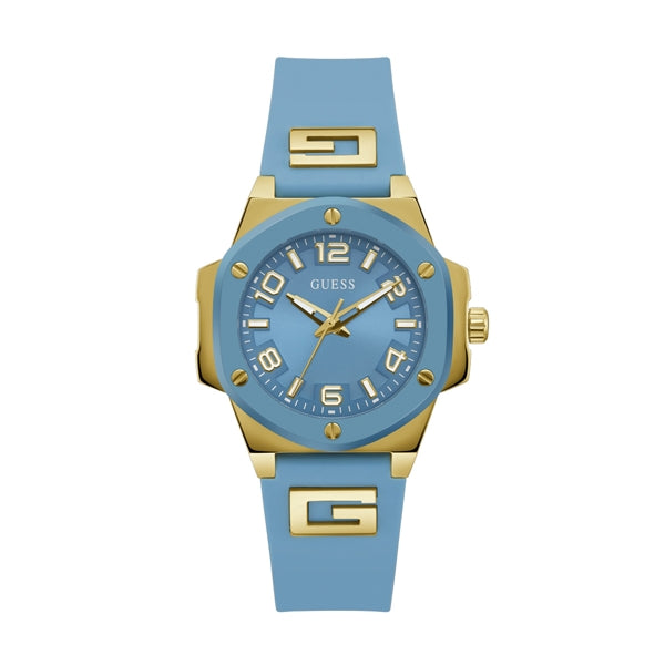 Light blue dial watch with gold accents, stainless steel case and adjustable silicone strap