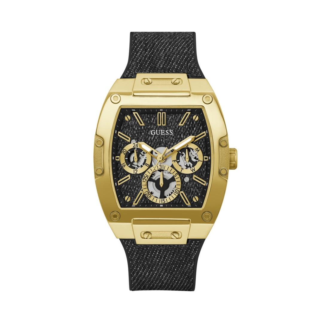 Gold and black chronograph watch with fabric-textured strap and three subdials, Unisex design