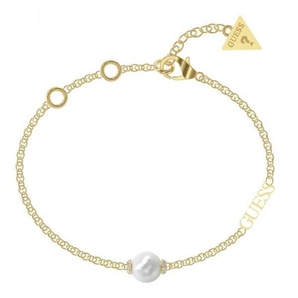 Gold chain bracelet with single pearl, pavé crystals around pearl and small triangle charm on gold links