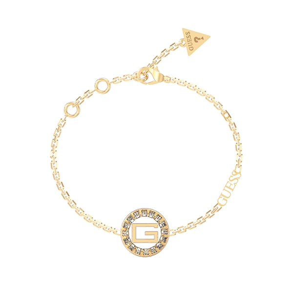 Gold chain bracelet with circular G charm surrounded by crystals and small triangle tag