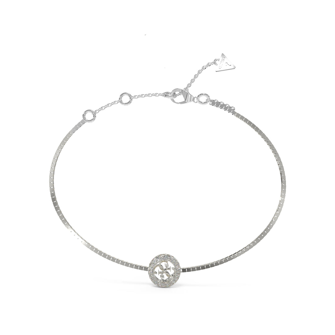 Silver chain bracelet with round stone-embedded pendant and adjustable clasp on white background