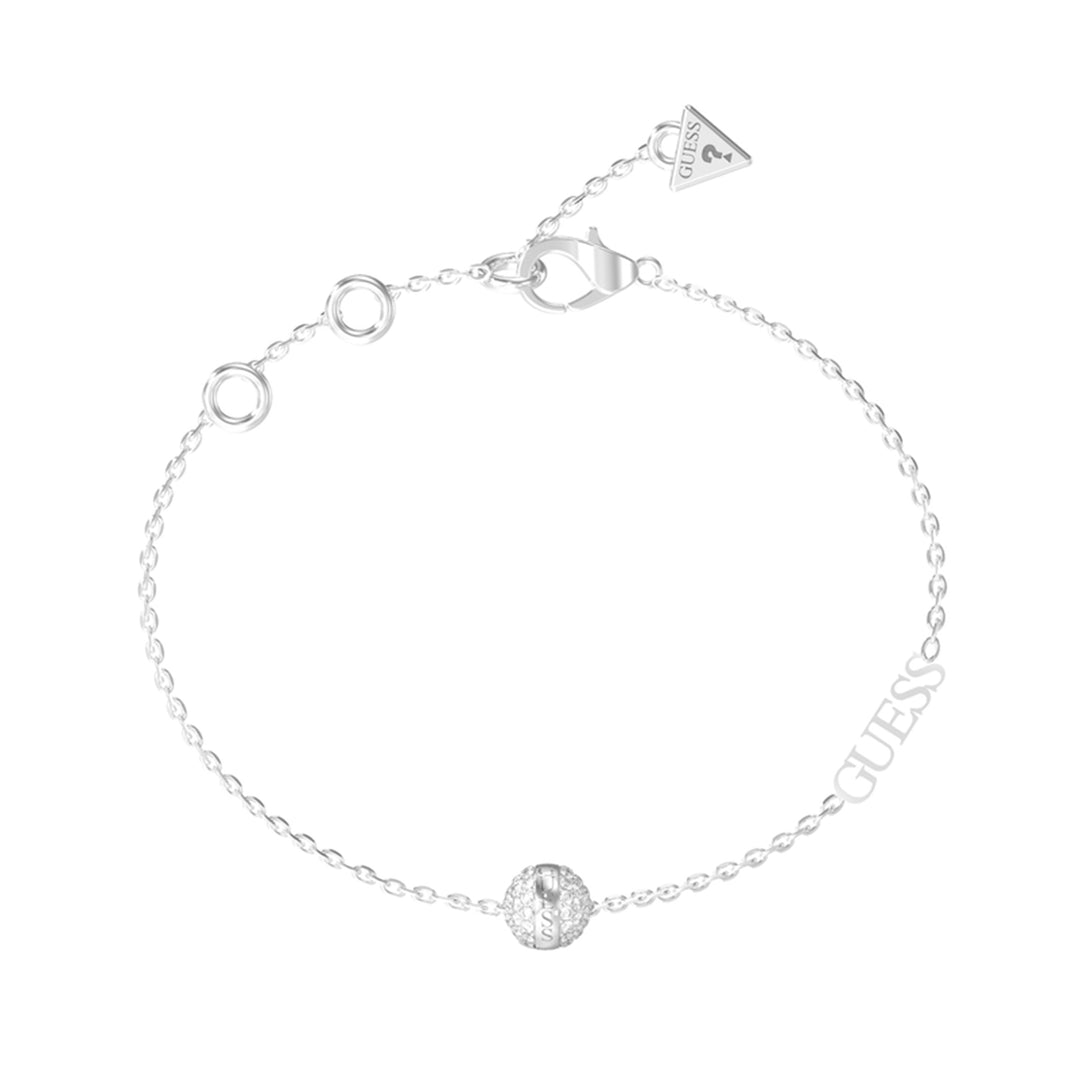 Delicate silver chain bracelet with round stone-embedded bead and triangle charm on white background