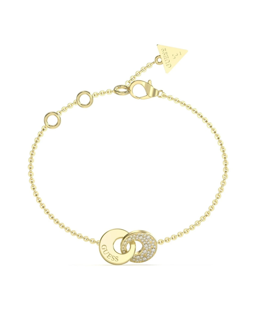 Gold-tone chain bracelet with two interlocking circular pendants, one set with crystals, lobster clasp and triangle tag