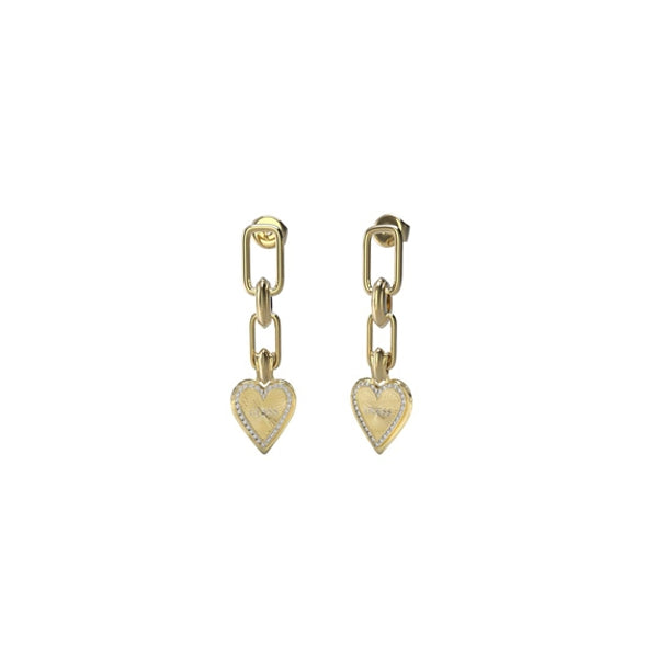 Gold drop earrings with chain links and engraved heart pendants hanging from hooks for Women