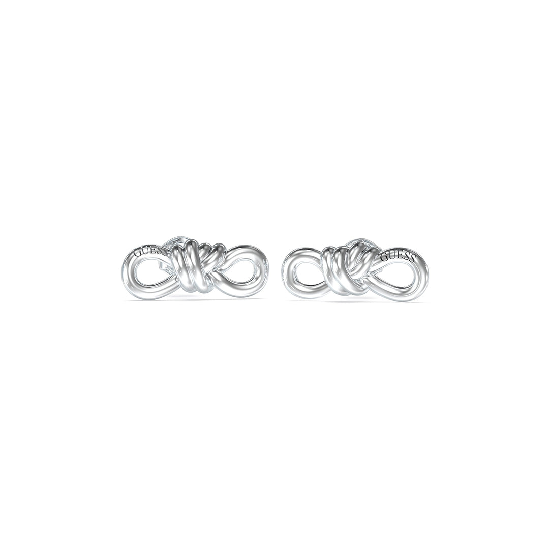 Shiny silver knot stud earrings on white background, modern sculpted metal for Women