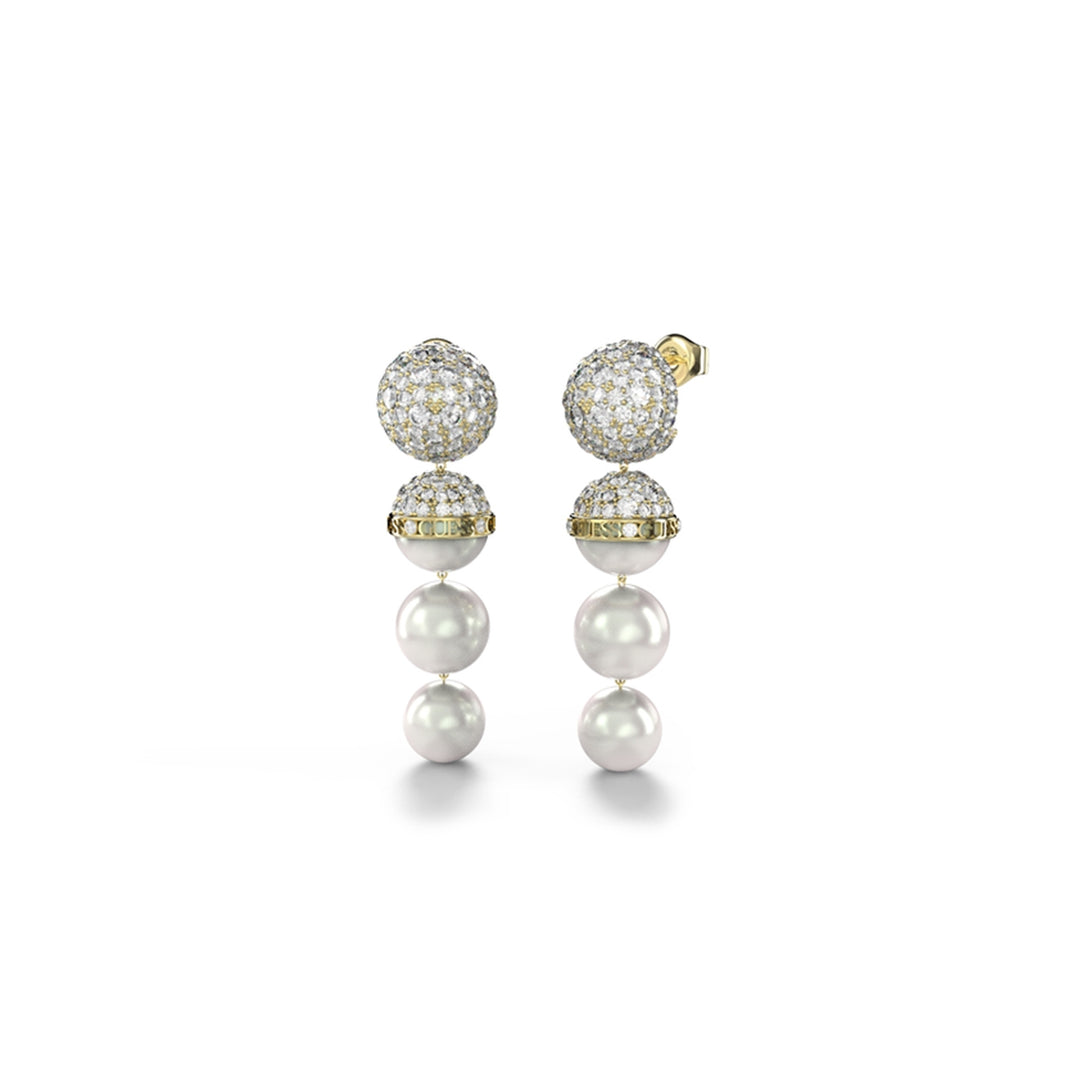 Gold-toned drop earrings with three pearls and crystal accents on stud backing
