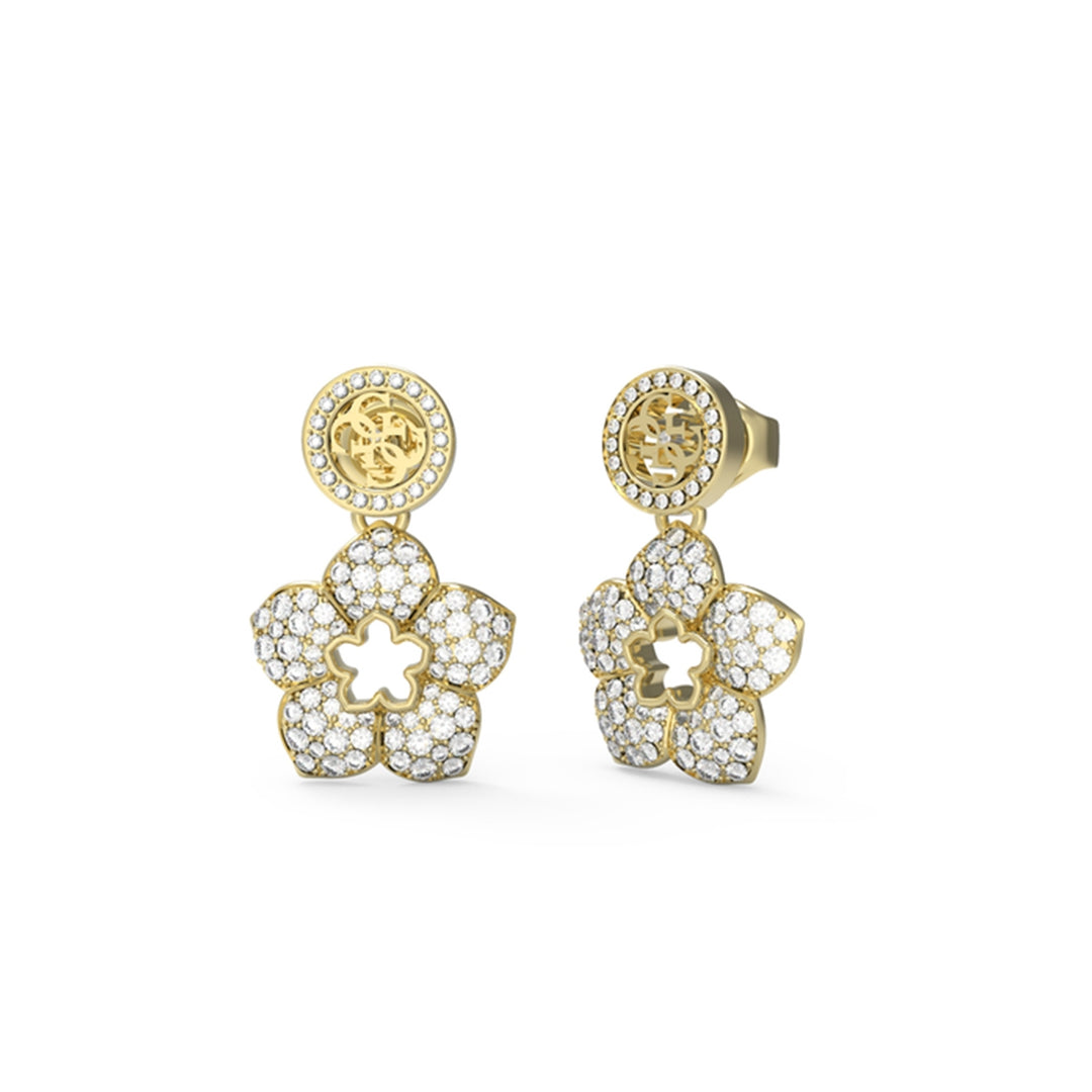 Gold floral stud earrings with pavé crystals, round tops and cut-out flower centers on white background