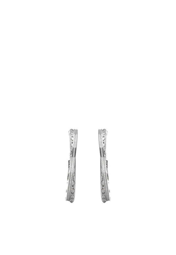 Pair of silver-tone textured hoop earrings with engraved pattern and hinge closure, modern design for Women