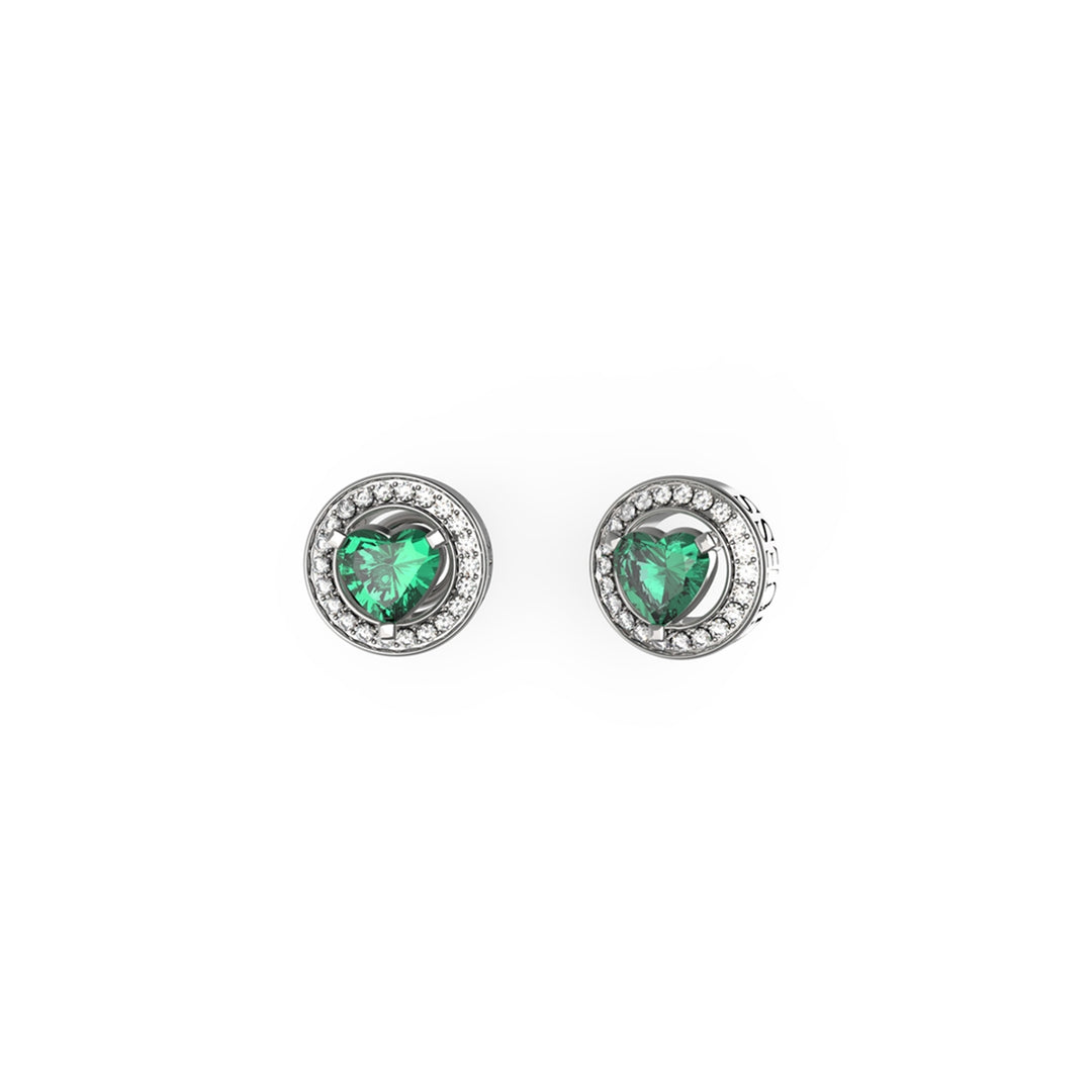 Silver stud earrings with green heart gemstone center and circular halo of small white stones on silver metal