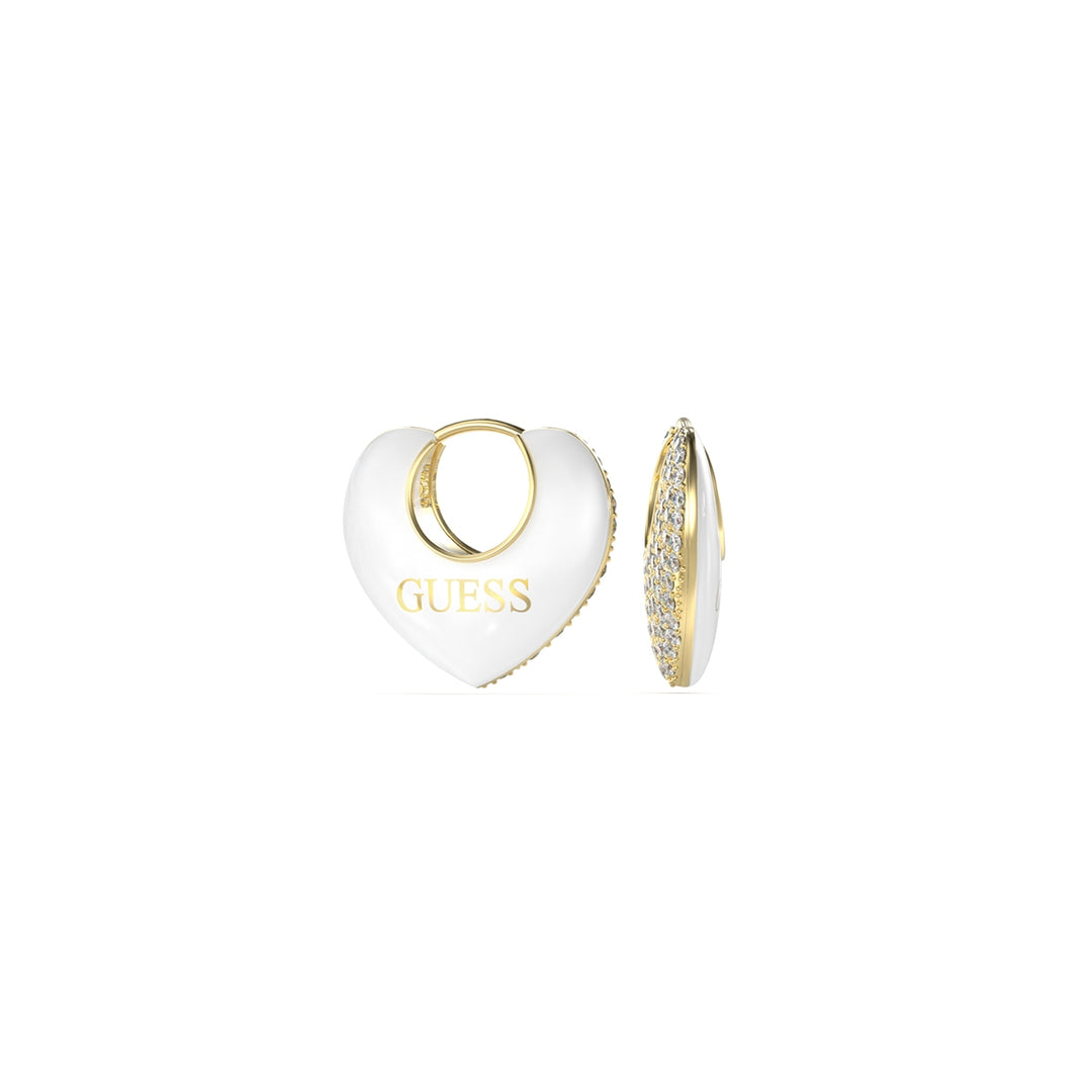 Gold-tone heart stud earrings with white enamel fronts and pavé crystal edges on a white background