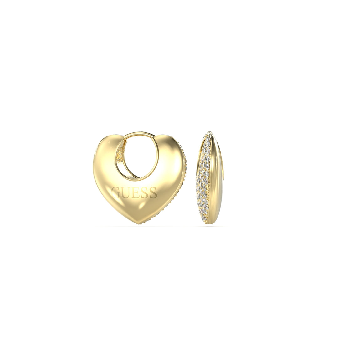 Gold heart-shaped hoop earrings with row of small embedded stones along outer edge, front view