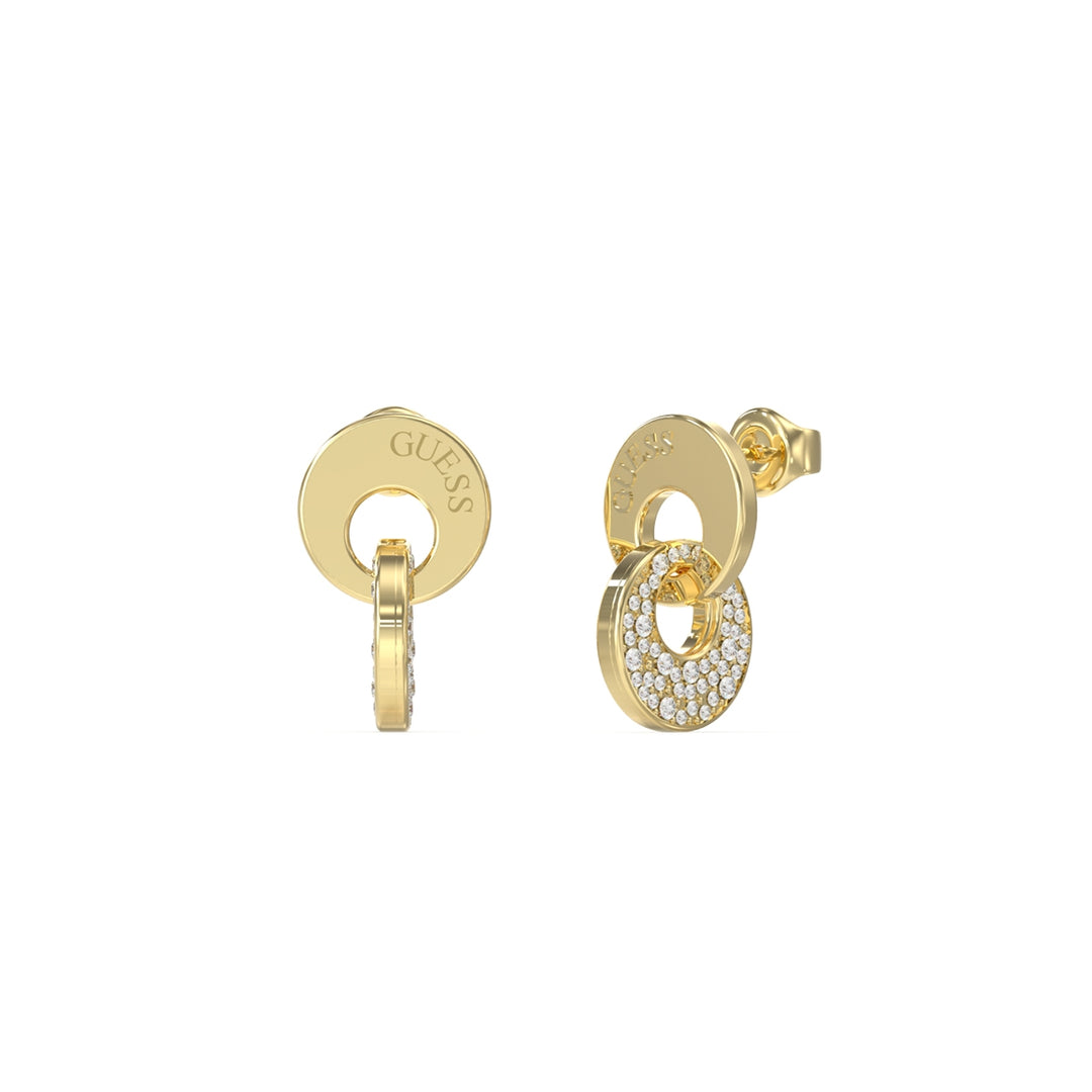 Pair of gold round stud earrings with embedded clear stones on white background
