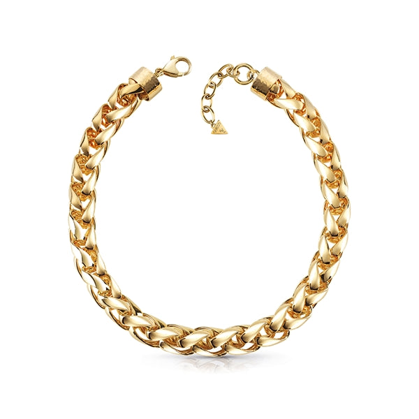 Gold chunky chain bracelet on wrist showing lobster clasp and adjustable charm against neutral background