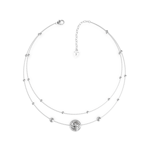 Silver double-chain layered necklace with small beads and central round gem on white background
