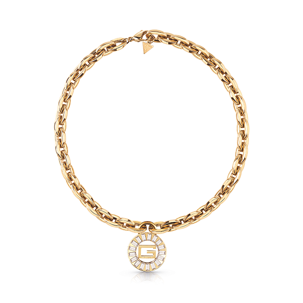 Gold chunky chain necklace with round pendant, rectangular accents, and small triangular clasp charm